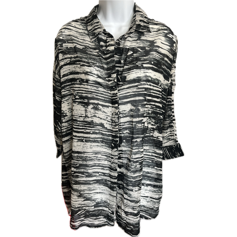 Religion black white 3/4 long sleeve button up cutout panel strips sleeves S NWT